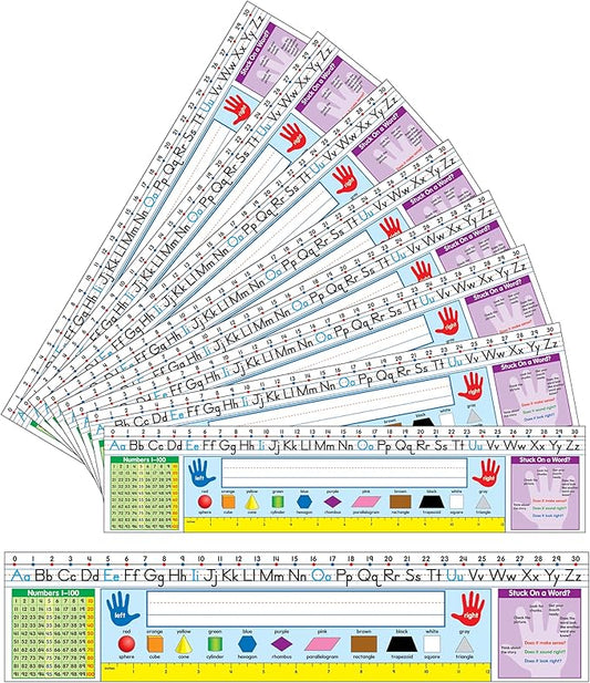 Carson Dellosa Education 30PC Quick Stick Name Plate Set offers alphabet charts, number lines, a 100 chart, a ruler, and clear labels that support organized desks and help students develop skills well