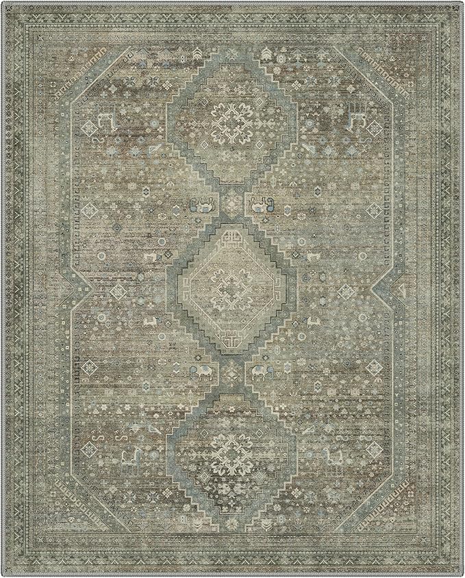 GENIMO 8x10 Area Rugs for Living Room, Machine Washable Non Slip Rugs, Low Pile Lightweight Vintage Print Rug for Bedroom, Dining Room, Home Office, Sage/Blue