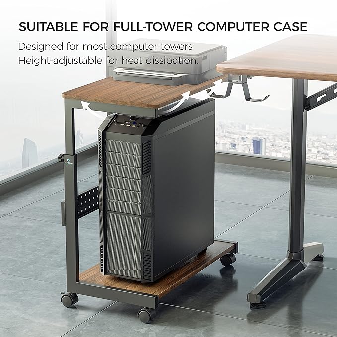 EUREKA ERGONOMIC PC Stand Computer Cart, Height Adjustable Tower Stand 2-Tier Suit for ATX Case Printer, Metal Rolling Cart on Wheels for Gaming Home Office, Walnut