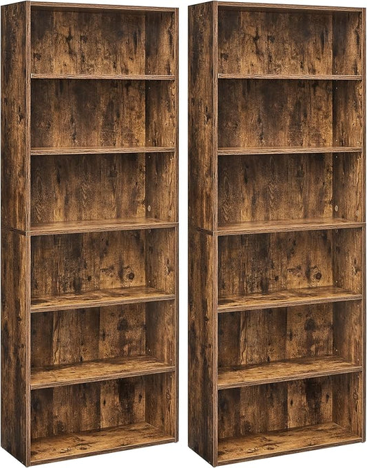 VASAGLE Set of 2 Bookshelves, 23.6 Inches Wide, 6-Tier Open Bookcases with Adjustable Storage Shelves, Floor Standing Units, Rustic Brown ULBC166X01-2