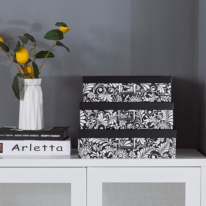 Soul & Lane Modern Botanical Decorative Cardboard Boxes with Lids, Set of 3 Black and White Floral Letter Storage for Documents, Memory Boxes for Keepsakes, Photos, Scrapbooks