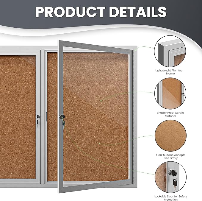 72"x36" Lockable Enclosed Bulletin Board, Outdoor Cork Weather-Resistant Aluminum Frame Notice Board, Wall Mounted Display Case Acrylic Doors for School,Office,Silver Frame w/Cork