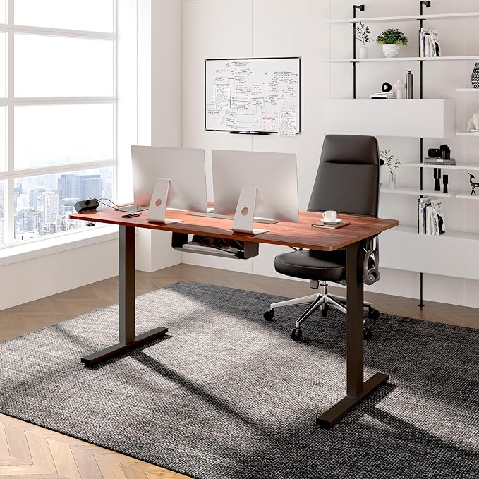 FLEXISPOT EN2 Whole-Piece Standing Desk with Clamp Power Strip, 60 x 24 Electric Stand Up Height Adjustable Desk with Cable Management (Black Frame + 60" Mahogany Top, 2 Packages)