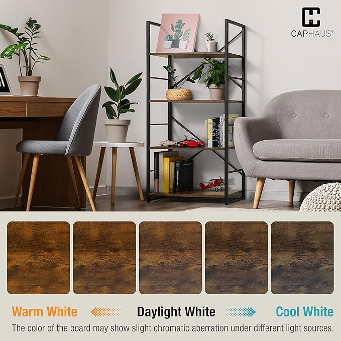 CAPHAUS 4 Tier Bookshelf, 24 Inch Width Free Standing Shelf, Bookcase Shelf Storage Organizer, Industrial Book Shelves for Home Office, Living Room, Kitchen, Rustic Oak Vintage Shelves & Metal Frame