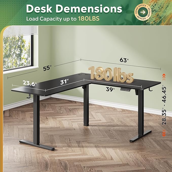 DEVAISE L Shaped Standing Desk Adjustable Height, Dual Motor Electric Corner Standing Desk, 63x55 inch Sit Stand up Home Office Desk with Splice Board, Black