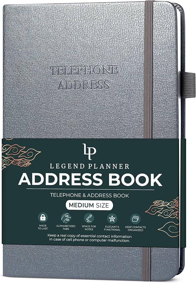 Legend Planner Address Book with Alphabetical Tabs –Telephone Contacts Book for Phone Numbers, Addresses, Passwords, Medium (Mystic Gray)