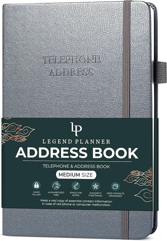 Legend Planner Address Book with Alphabetical Tabs –Telephone Contacts Book for Phone Numbers, Addresses, Passwords, Medium (Mystic Gray)