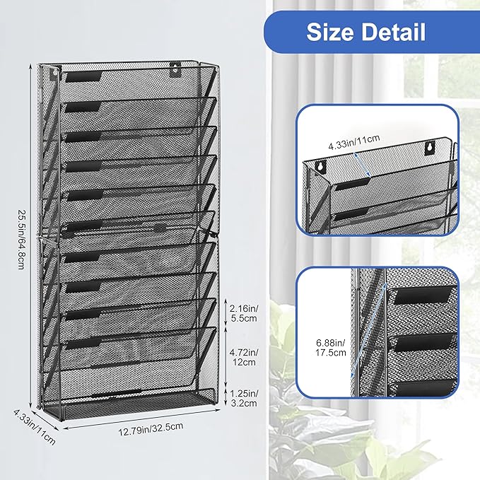 EasyPAG Wall File Holder 10 Tier Mesh Hanging Folder Organizer with Flat Tray Wall Mounted Mail Organizer Magazine Paper Desk Shelf with Nametag Label for Office Home School, Black
