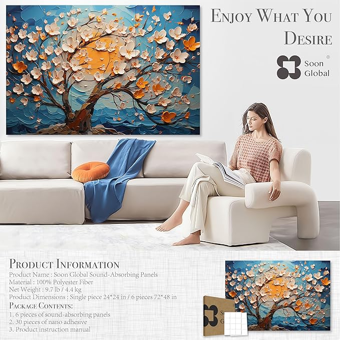 Soon Global Acoustical Wall Panels, 72 X 48 Inches Art Acoustic Panels, Decorative Acoustic Panels, Acoustic Wall Panels, Sound Absorbing Wall Art, Canvas