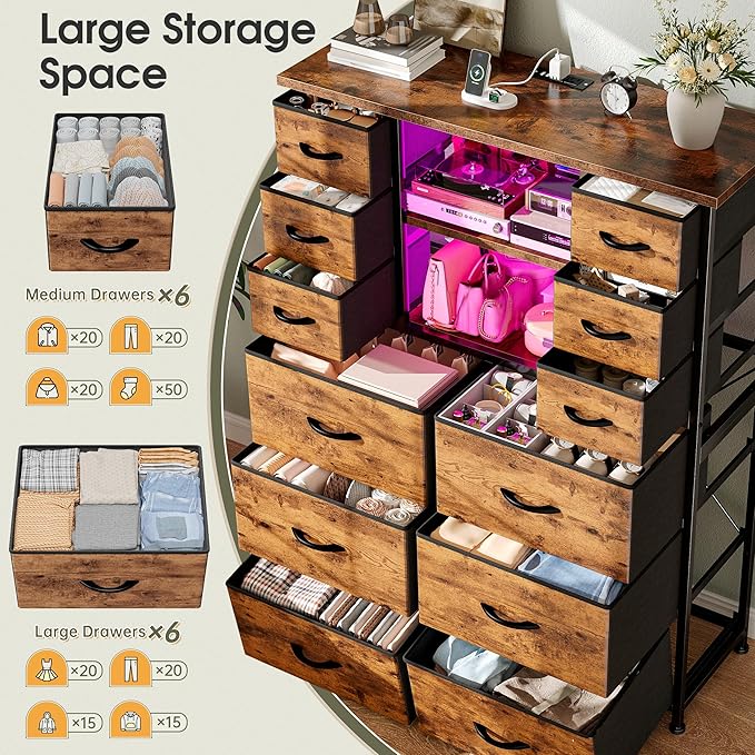 EnHomee Dresser for Bedroom with Fabric Dresser, Charging Station & LED Light, Large Chest of Drawers for Living Room, Entryway, Metal Frame, Rustic Brown, 50.6" H x 37.8" W x 11.8" D