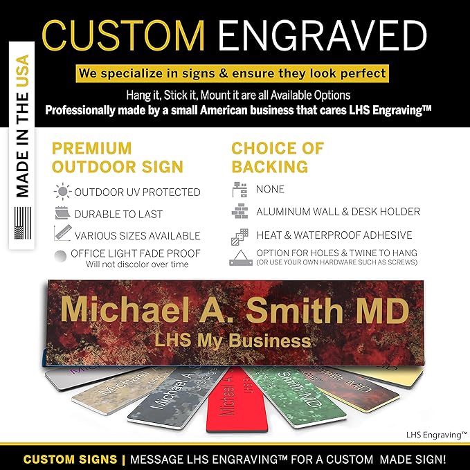 Engraved Name Plates for Door Sign Personalized Rustico Granite Pattern Plastic Plaque with Gold Letters - Made in USA 2x10 S7