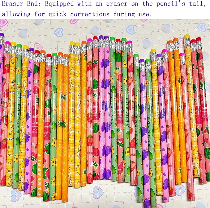 Jsehchya 72PCS Corlorful Wooden cased Pencils for Kids with Erasers, Wood Wedding Golf for School,Drawing,Gift (72PCS) (Fruit, 72)
