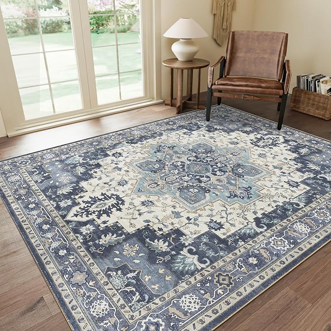 GENIMO 6x9 Area Rugs for Living Room, Machine Washable Non Slip Vintage Rugs, Low Pile Lightweight Chenille Print Rug for Bedroom, Dining Room, Home Office, Center Blue