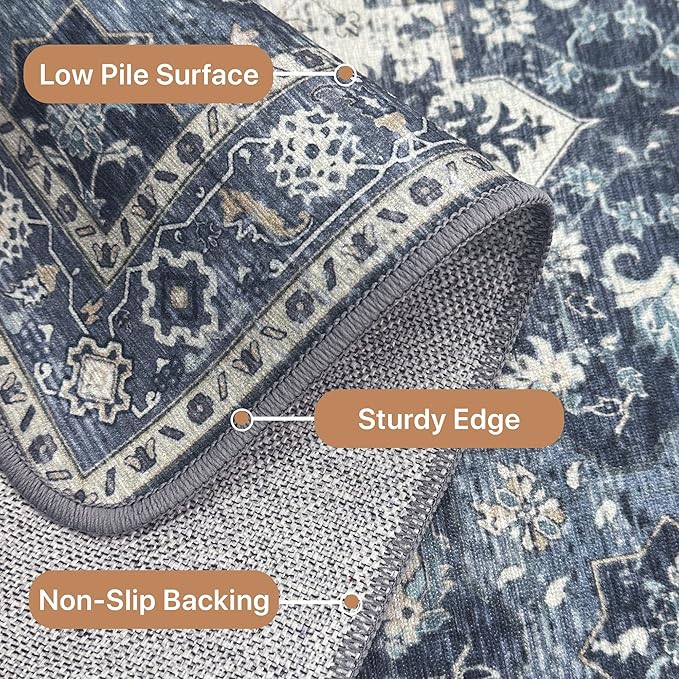 GENIMO 2'6"x10 Runner Rugs for Hallway, Machine Washable Non Slip Vintage Rugs, Low Pile Lightweight Soft Print Rug for enrtyway, Corridor, Home Office, Kitchen, Center Blue