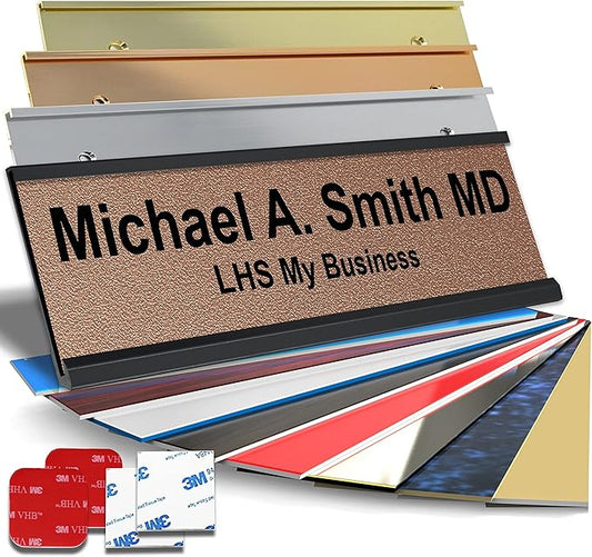 Personalized Name Plate with Choice of Mounting Holders for Walls, Doors, Cubicles, Hanging and More - Custom Textured Copper Plastic Black Letters - USA Made 2x10 - M2