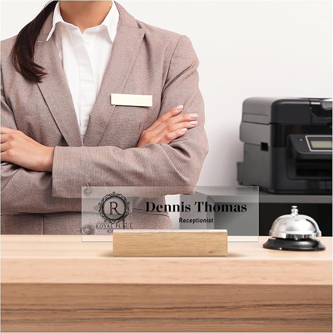 Custom Business Logo Desk Name Plate with Wooden Base - 28 Backgrounds - Custom Name Plate for Desk, Office Decor, Teacher Appreciation Gifts
