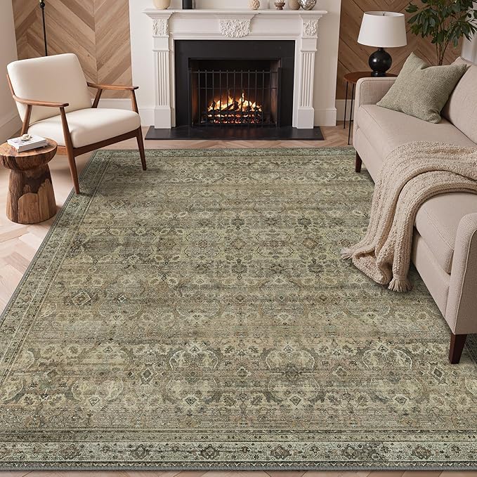 GENIMO 8x10 Area Rugs for Living Room, Machine Washable Non Slip Vintage Rugs, Low Pile Lightweight Chenille Print Rug for Bedroom, Dining Room, Home Office, Green Khaki