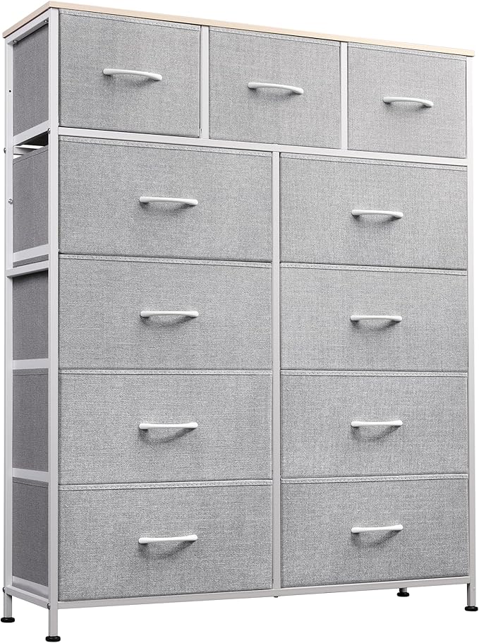 WLIVE Tall Dresser for Bedroom, Fabric Dressers Storage Tower, Dresser & Chest of Drawers Organizer Unit with 11 Drawers, Storage Cabinet, Hallway, Closets, Steel Frame, Wood Top, Light Grey