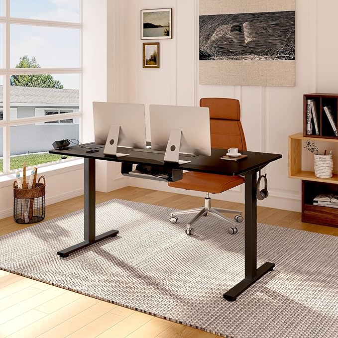 FLEXISPOT EN2 Whole-Piece Standing Desk with Clamp Power Strip, 48x30 Electric Stand Up Height Adjustable Desk with Cable Management (Black Frame + Black Top, 2 Packages)