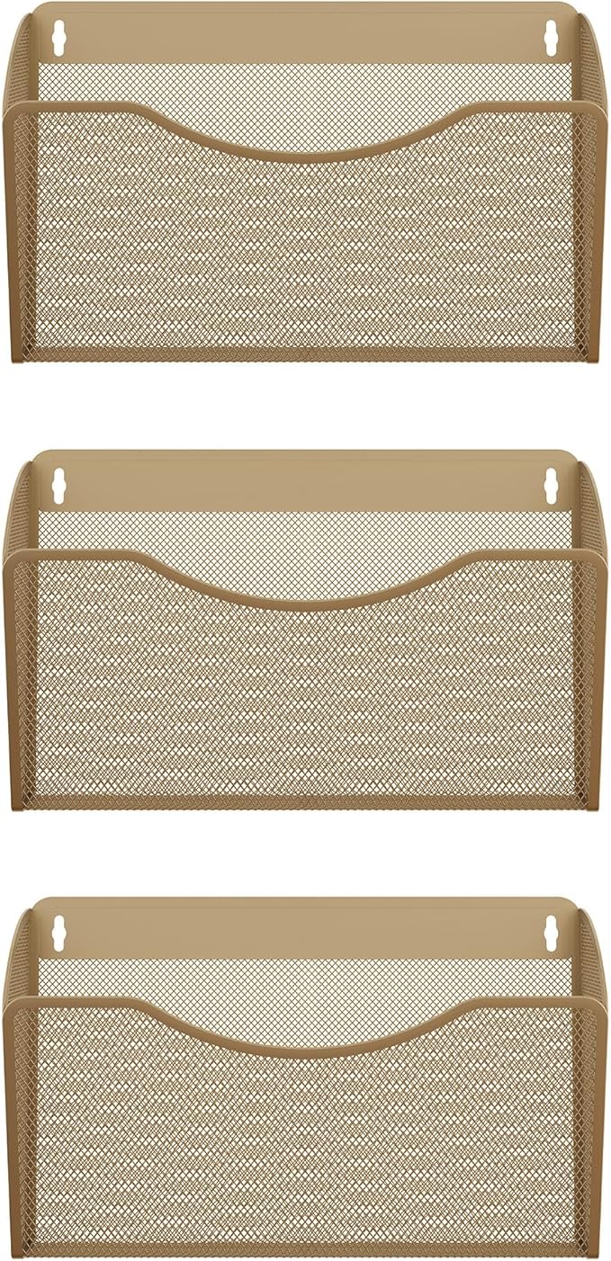EasyPAG Single Pocket Wall File Organizer, Mesh Hanging File Folder Organizer for Letter/A4 Size Folders, Wall Mounted Vertical Mail Holder for Paperwork, Office, Home, School, Gold