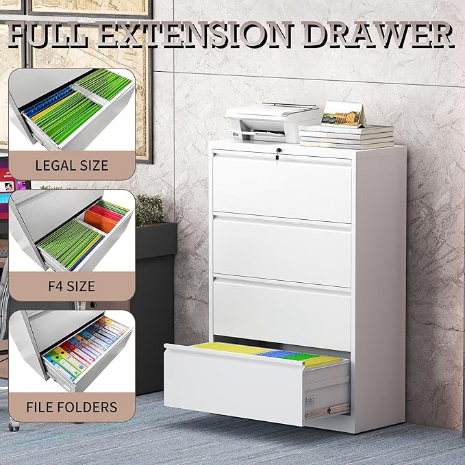mysteeldepot 4 Drawer Lateral File Cabinet with Lock, Metal File Cabinet, Lateral File Cabinets for Home Office, Heavy Duty File Storage Cabinet for Legal/Letter/A4 Document, Assembly Required, White