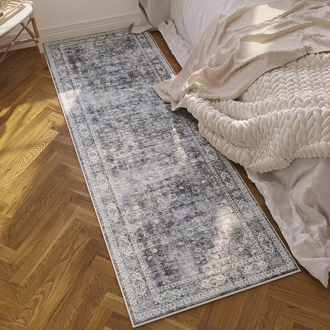 Rugcomf 2x5 Rug Runner -Vintage Machine Washable Kitchen Rug, Non-Slip Low Pile Boho Carpet for Hallways, Laundry, Entryway, Bedroom, Bathroom - Grey