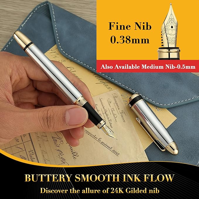 BEILUNER 315 Silver Chrome Fountain Pen,Stunning Luxury Pens with 24K Gold Accents, Gorgeous 24K Gilded Nib(Fine), Ink Converter,Fancy Pen Gift for Men&Women-Elegant, Office, Writing, Nice Design