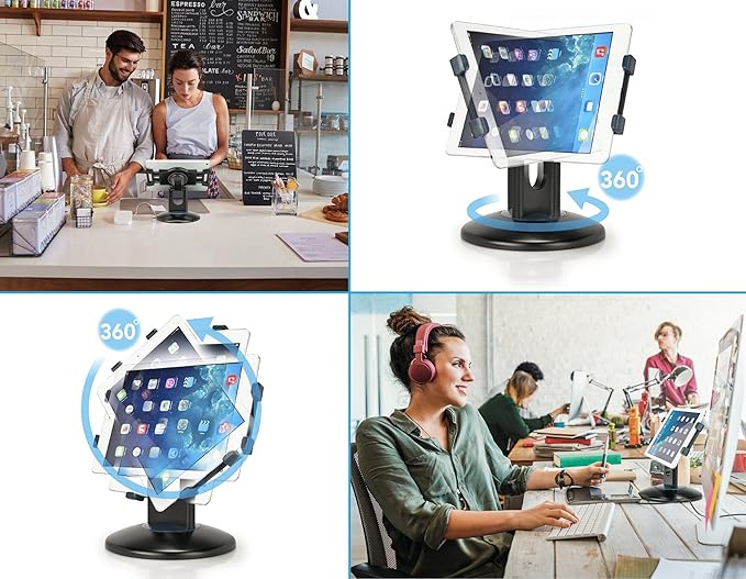 Premium 360° Rotating Tablet Stand for Desk – Adjustable Tablet Holder for 7.9” to 13” Devices, Swivel Weighted Base, Sturdy Black Metal iPad Stand for Office, Home, and Retail Display