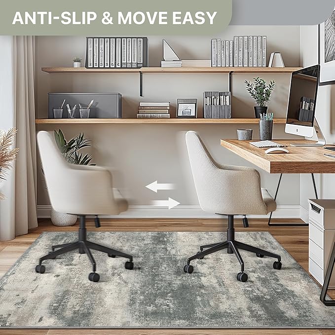 Office Chair Mat for Hardwood Tile Floor, Abstract 48"X 60" Desk Mats for Office Chair on Rolling Chairs Carpet, Desk Anti-Slip 1/5" Thick Rug for Computer Chair, Thin Low-Pile Floor Mat, Green Beige