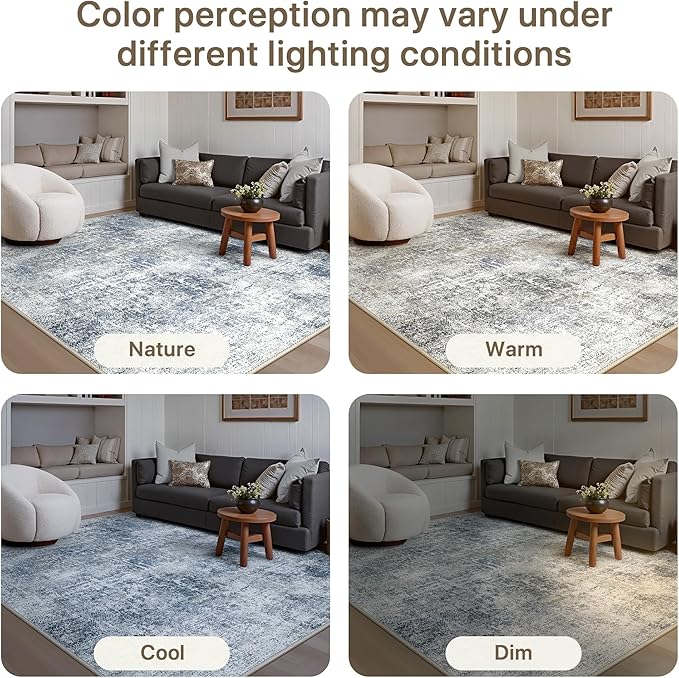 GENIMO Washable Area Rugs for Living Room, 8x10 Modern Non Slip Rugs, Low Pile Lightweight Soft Print Rug for Bedroom, Dining Room, Home Office, Washed Light Denim Blue