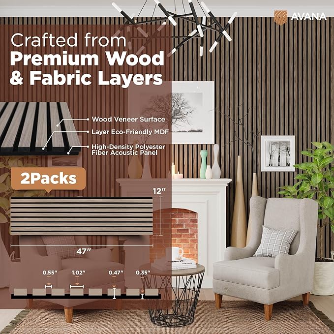 Avana Acoustic Wood Wall Panels – 47.2 X 12.6 Inch Walnut Acoustic Panels 2 PCs – Modern Wall Panels For Interior Wall Decor for Homes, Offices, Studios – Sturdy And Durable Wood Panels For Wall