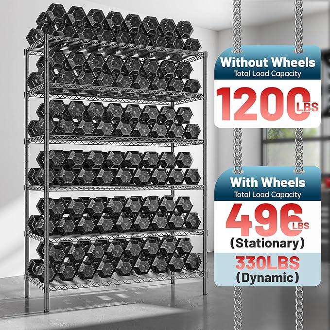 Romorgniz 82" H X45 W X18 D Storage Shelves with Wheels, 6 Tier Wire Shelving Adjustable Metal Shelving Pantry Shelves Capacity 1200LBS for Garage Shelving, Pantry, Kitchen, Closet, Commercial, Black