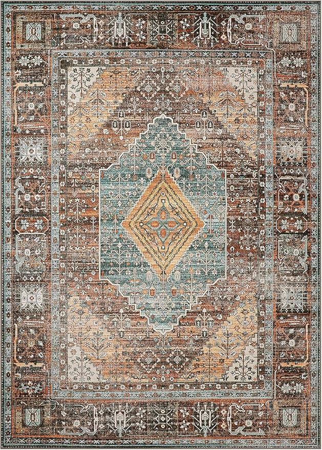 GENIMO 3x5 Area Rugs for Living Room, Machine Washable Non Slip Vintage Rugs, Low Pile Lightweight Chenille Print Rug for Bedroom, Dining Room, Home Office, Vintage Brown/Blue