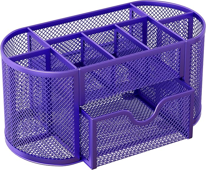EasyPAG Mesh Pen Holder Desk Organizer with Drawer Stationery Supplies Organizer for Dorm School 9 Compartments Workspace Desk Accessories Organization for Office, Purple