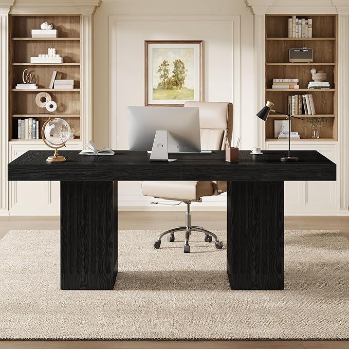 Tribesigns 63-Inch Executive Desk, Modern Office Computer Desk with Heavy Duty Double Pedestal, Large Study Writing Table Business Furniture for Home Office, Black, Set of 2