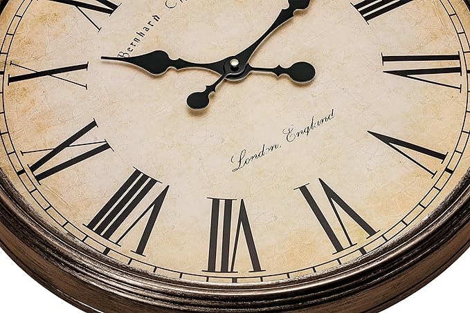 Bernhard Products Large Decorative Wall Clock 20 Inch Silent Non Ticking Battery Operated Quartz Vintage Stylish with Rustic Dark Brown Rim for Home Living/Dining Room Kitchen & Over Fireplace