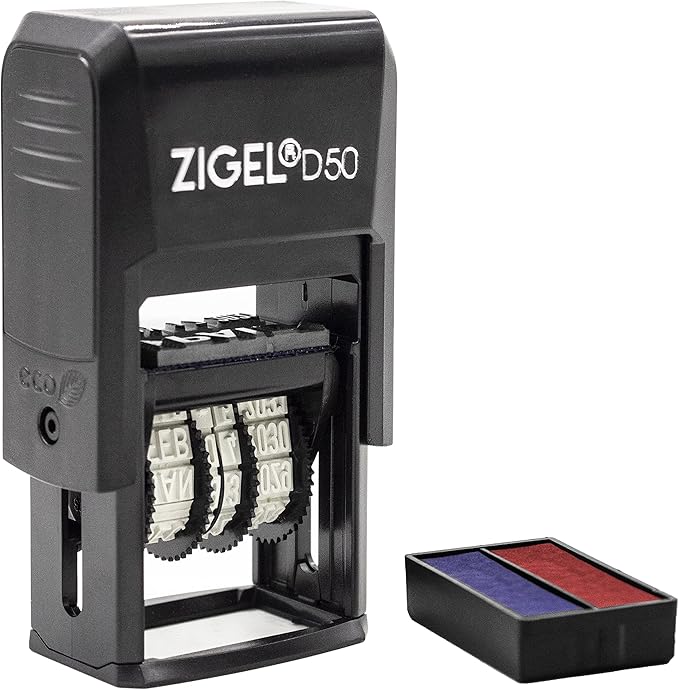 ZIGEL D50 Date Stamp with FAXED - Self Inking Date Stamp - Blue/Red