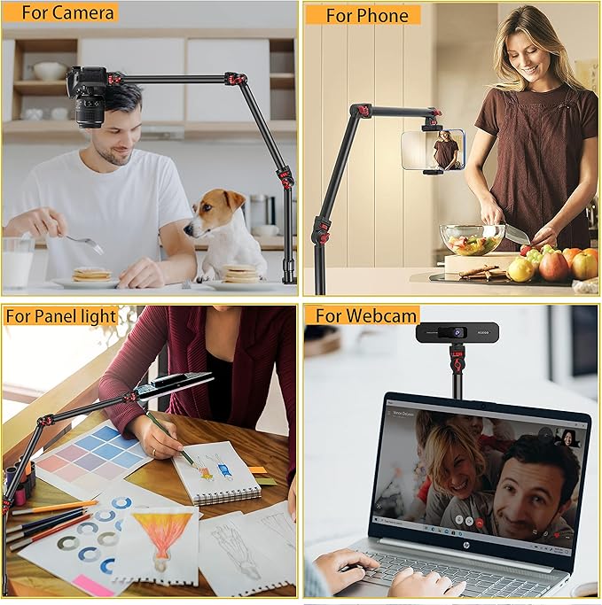 DImotliyor Overhead Camera Mount Desk Stand, 3-Section Flexible Detachable Articulating Arm with 1/4“ 3/8" 5/8" Screw&360° Ball Head, C-clamp Tabletop Mount for DSLR Camera/Webcam/Microphone/Lights