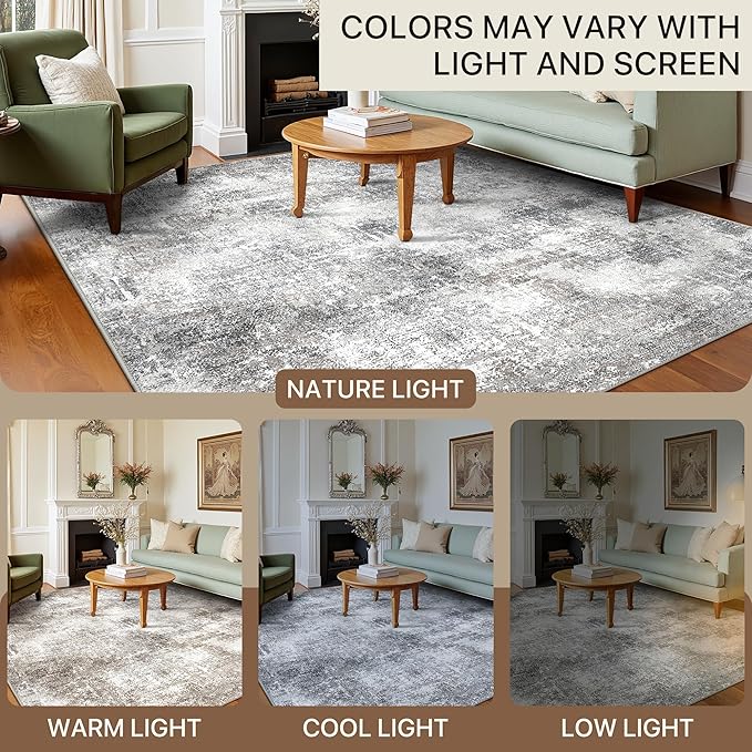 GENIMO Washable Area Rugs for Living Room, 9x12 Modern Non Slip Rugs, Low Pile Lightweight Soft Print Rug for Bedroom, Dining Room, Home Office, Grey