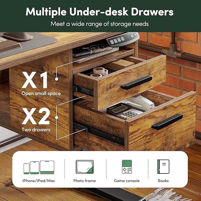 FEZIBO Electric Standing Desk 48 x 24 Inch with Monitor Shelf, 3 Drawers and Open Storage, Home Office Computer Workstation, Rustic Brown, 2 Packages