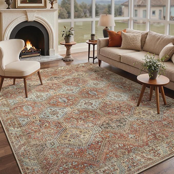GENIMO 5x7 Area Rugs for Living Room, Machine Washable Non Slip Rugs, Low Pile Lightweight Print Rug for Bedroom, Dining Room, Home Office, Vintage Brick Red