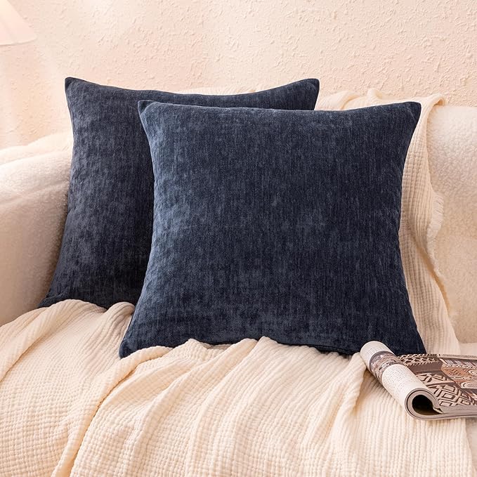 Amazon Basics Chenille Throw Pillow Covers, Home Decor Cushion Cover for Bedroom Living Room Couch Bed, 20" W × 20" L, Navy Blue