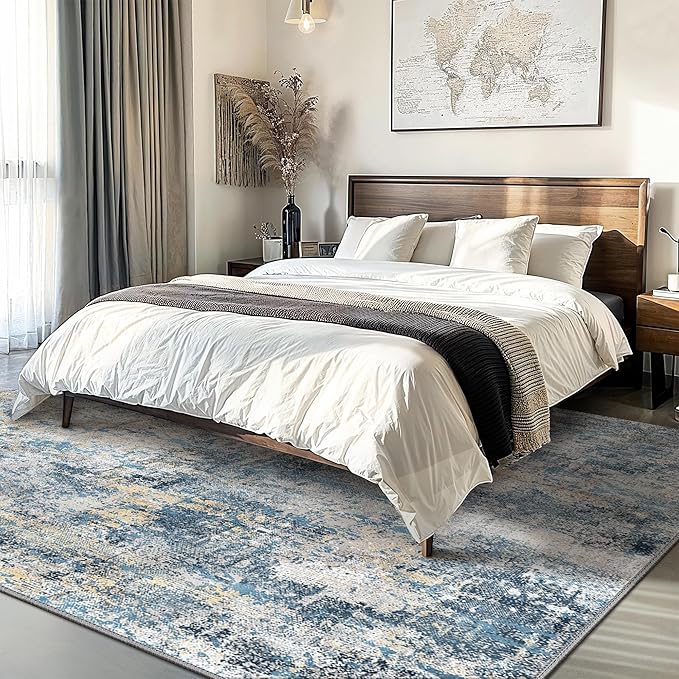 GENIMO Washable Area Rugs for Living Room, 8x10 Modern Non Slip Rugs, Low Pile Lightweight Soft Print Rug for Bedroom, Dining Room, Home Office, Washed Royal Blue