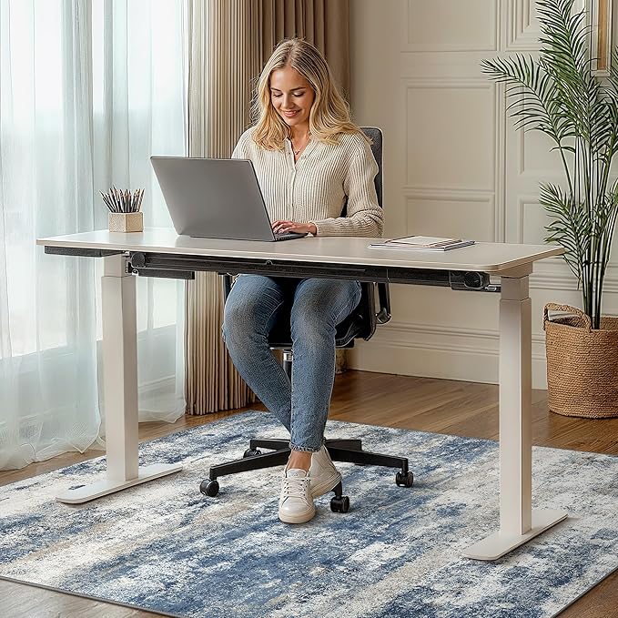Office Chair Mat for Hardwood Tile Floor, Abstract 48"X 60" Desk Mats for Office Chair on Rolling Chairs Carpet, Desk Anti-Slip 1/5" Thick Rug for Computer Chair, Thin Low-Pile Floor Mat, Navy Beige