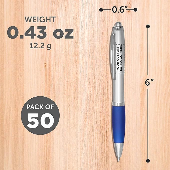 DISCOUNT PROMOS Personalized Ballpoint Pens With Rubber Grip, 50 pack Customizable Ergonomic Click-to-Write Custom Writing Pens for School with Black Ink, Blue