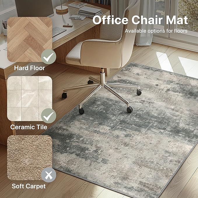 Office Chair Mat for Hardwood Tile Floor, Abstract 36"X 48" Desk Mats for Office Chair on Rolling Chairs Carpet, Desk Anti-Slip 1/5" Thick Rug for Computer Chair, Thin Low-Pile Floor Mat, Green Beige