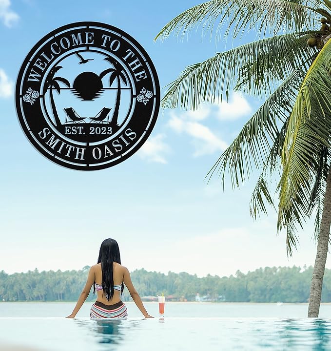 Personalised Tropical Patio Metal Sign, Custom Oasis Metal Sign, Custom Backyard Pool Sign, Custom Beach House Decor, Custom Family Welcome Sign, Custom Palm Tree Outdoor Decor