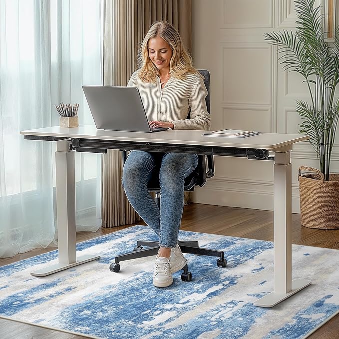 Office Chair Mat for Hardwood Tile Floor, Abstract 36"X 48" Desk Mats for Office Chair on Rolling Chairs Carpet, Desk Anti-Slip 1/5" Thick Rug for Computer Chair, Thin Low-Pile Floor Mat, Blue Cream
