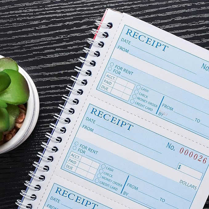 2 Packs Receipt Book with Carbon Copies,Money and Rent Receipt Book,3-Part Carbonless,5.31" x 11.22",100 Sets per Book