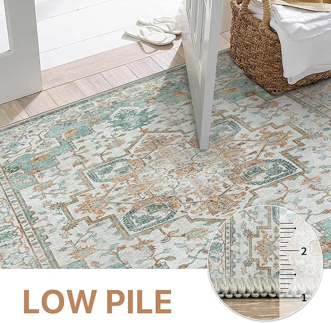 GENIMO 2x6 Runner Rugs for Hallway, Machine Washable Non Slip Vintage Rugs, Low Pile Lightweight Soft Print Rug for enrtyway, Corridor, Home Office, Kitchen, Cyan